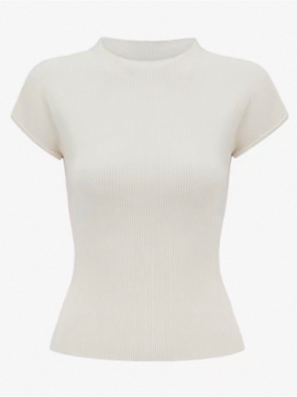 Lady Song Skims Cream Ribbed Knit Cap Sleeve Sweater Top Shoulder Pad Slim Fit
